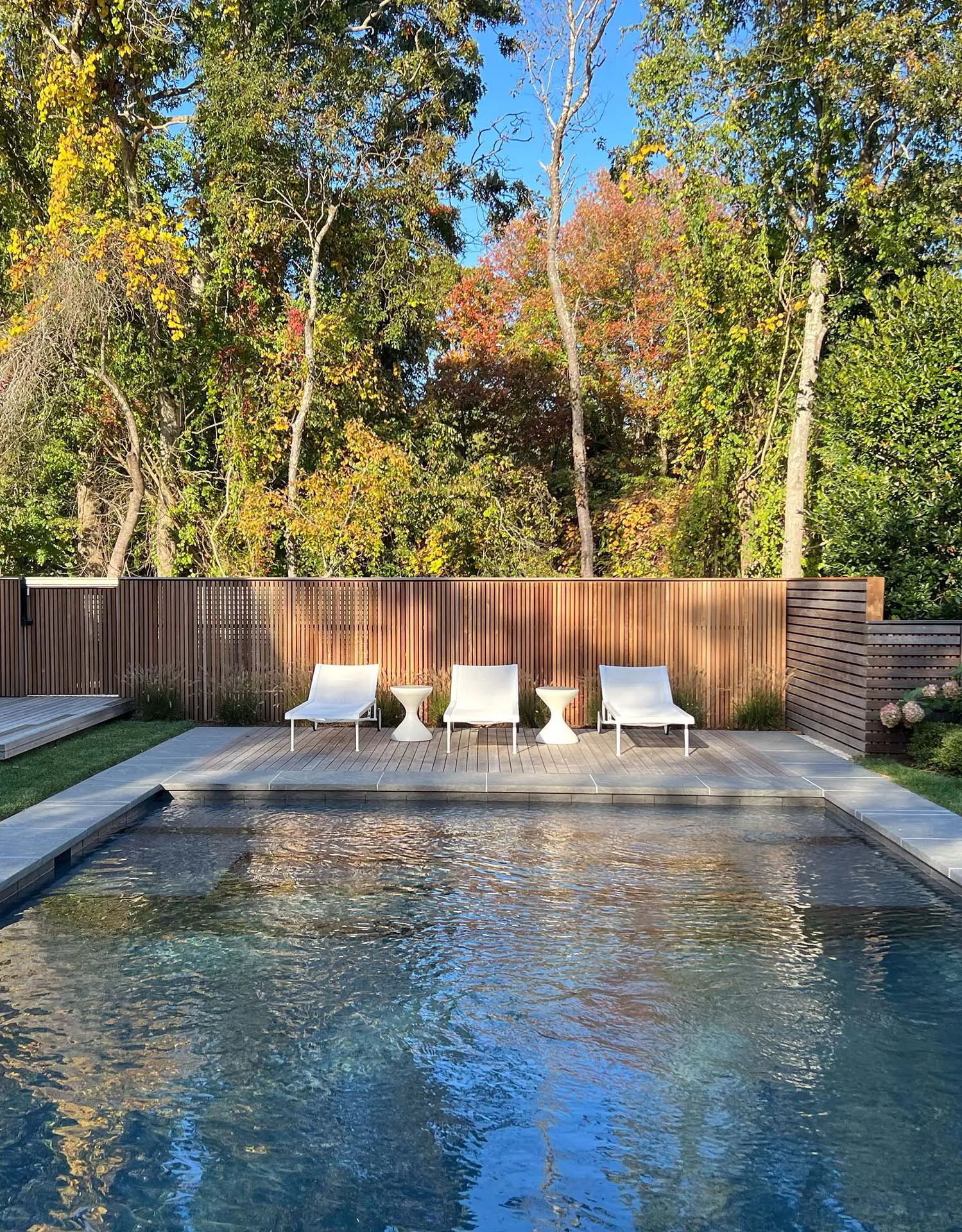 Backyard pool with lounge chairs and a wood privacy fence